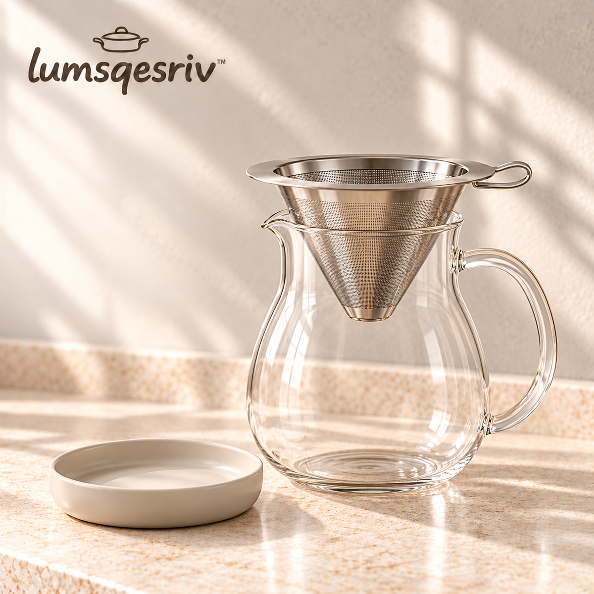 lumsqesriv™ Slow Pour Coffee Maker Set | 20 fl oz Glass Carafe, Reusable Stainless Steel Dripper & Ceramic Rest