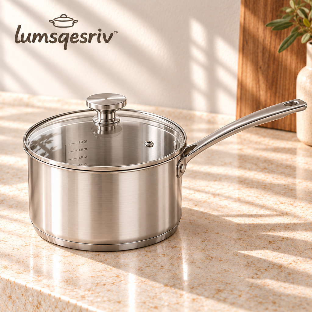 lumsqesriv™ Everyday Simmer Stainless Steel Saucepan | 2.5 qt Cooking Pot with Glass Lid & Interior Volume Marks