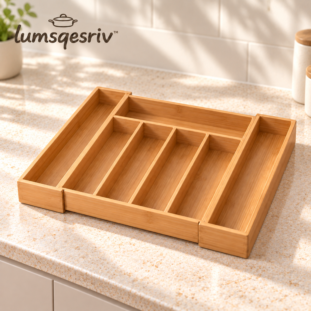 lumsqesriv™ Drawer Edit Expandable Bamboo Utensil Organizer | Adjustable 5–7 Compartment Silverware & Cutlery Tray