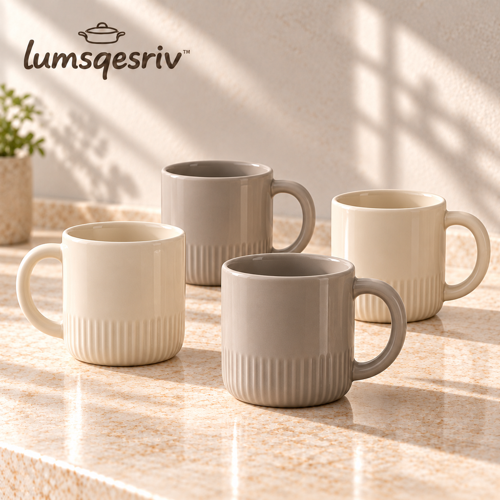 lumsqesriv™ Soft Rim Stoneware Coffee Mugs | Set of 4, 14 fl oz Ceramic Cups for Coffee, Tea & Lattes