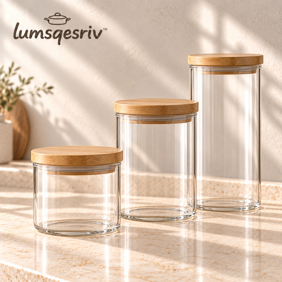 lumsqesriv™ Clear Pantry Glass Canister Set | 3 Kitchen Storage Jars with Bamboo Lids for Coffee, Sugar & Dry Goods