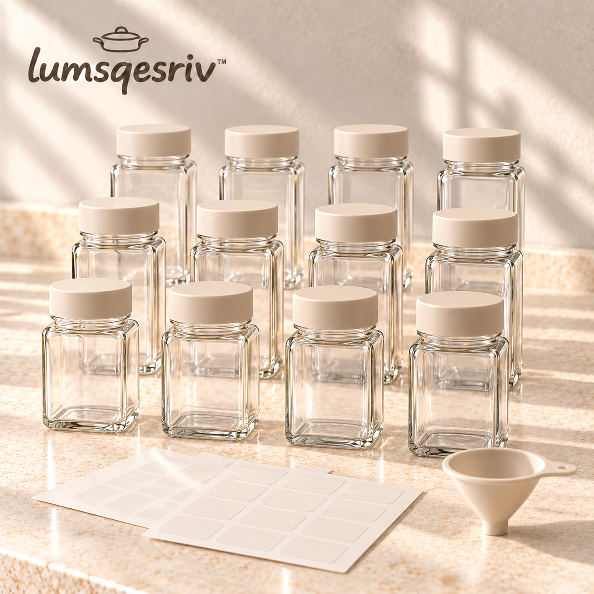 lumsqesriv™ Spice Line Glass Spice Jar Set | 12 Empty 4 fl oz Seasoning Jars with Shaker Inserts, Labels & Funnel