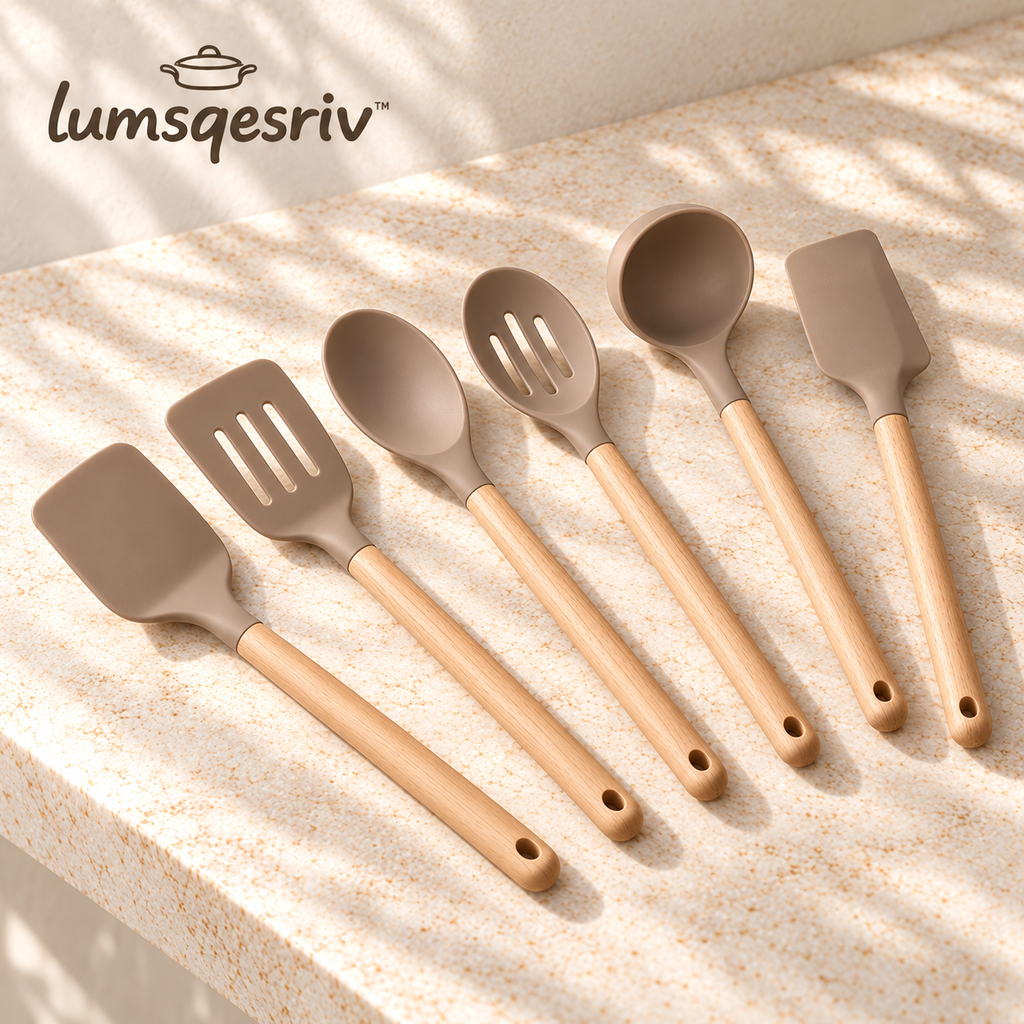 lumsqesriv™ Soft Form Silicone Kitchen Utensil Set | 6 Cooking Tools with Beechwood Handles for Stirring, Turning & Serving