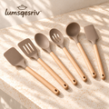 lumsqesriv™ Soft Form Silicone Kitchen Utensil Set | 6 Cooking Tools with Beechwood Handles for Stirring, Turning & Serving