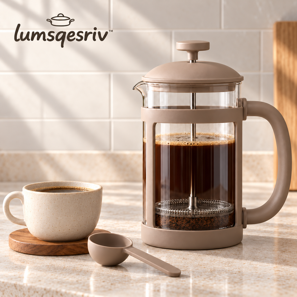 lumsqesriv™ Morning Press French Press Coffee Maker | 34 fl oz Glass Coffee Press with Stainless Steel Filter & Measuring Scoop