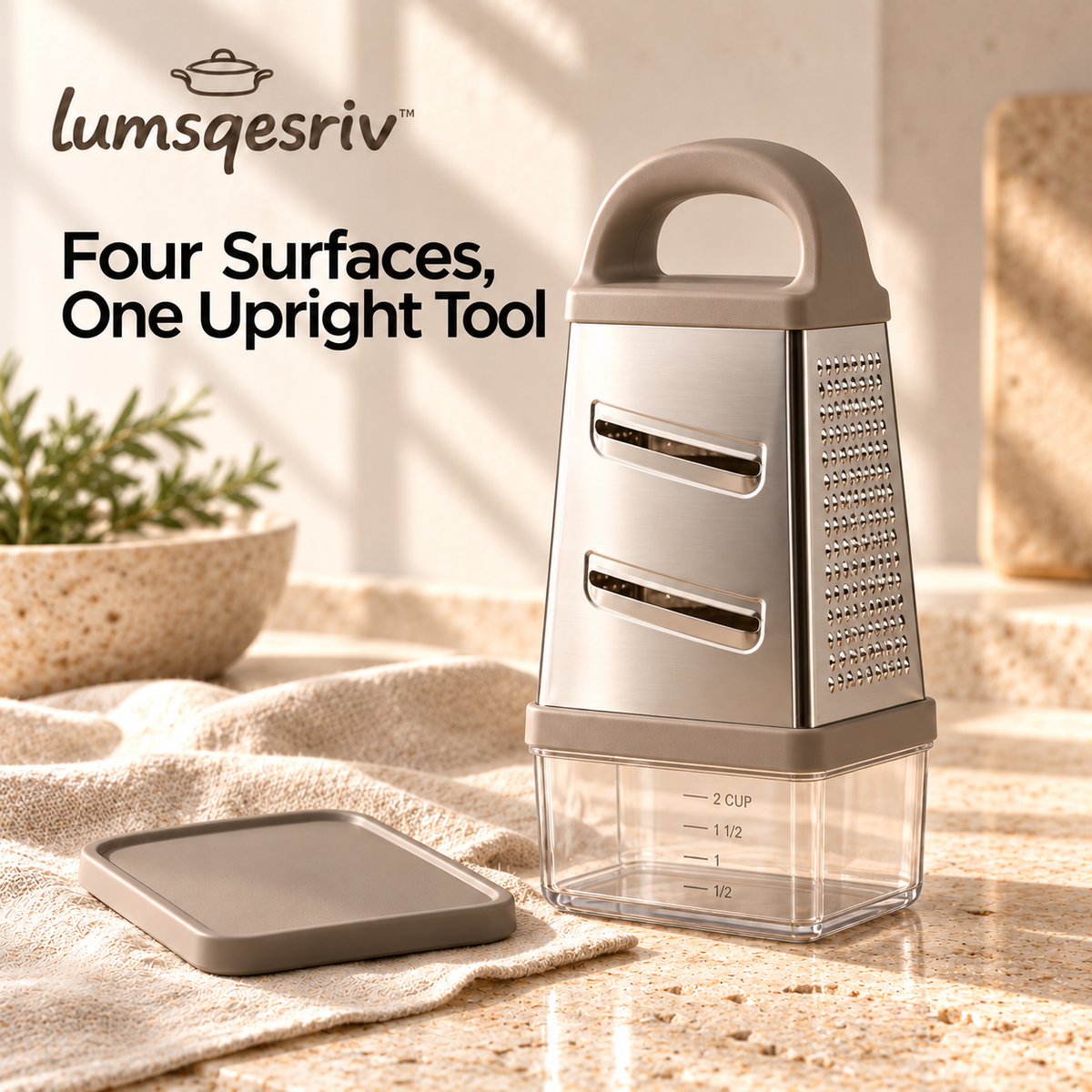 lumsqesriv™ Prep Grid 4-Sided Stainless Steel Box Grater | Cheese & Vegetable Grater with Removable Catch Container