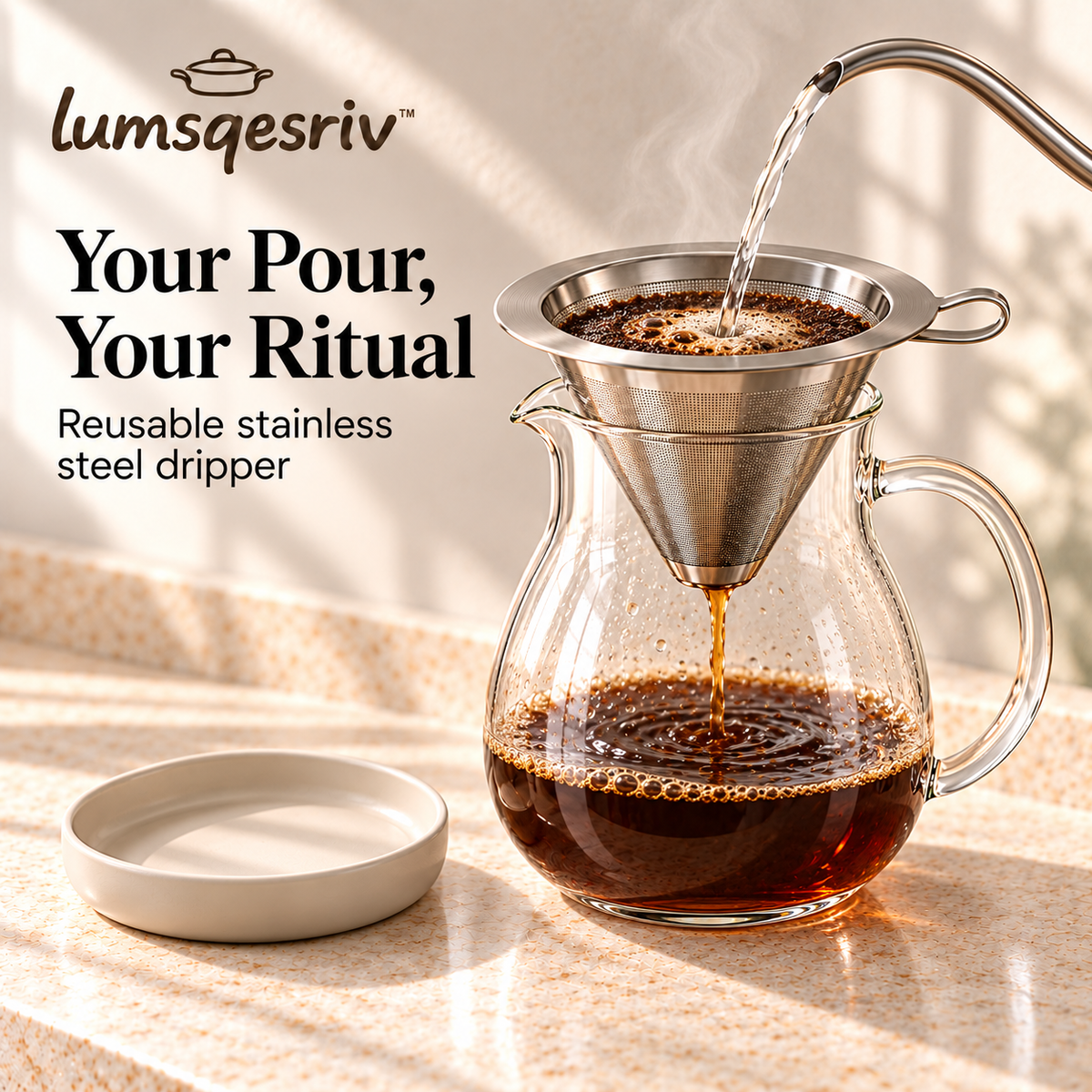 lumsqesriv™ Slow Pour Coffee Maker Set | 20 fl oz Glass Carafe, Reusable Stainless Steel Dripper & Ceramic Rest