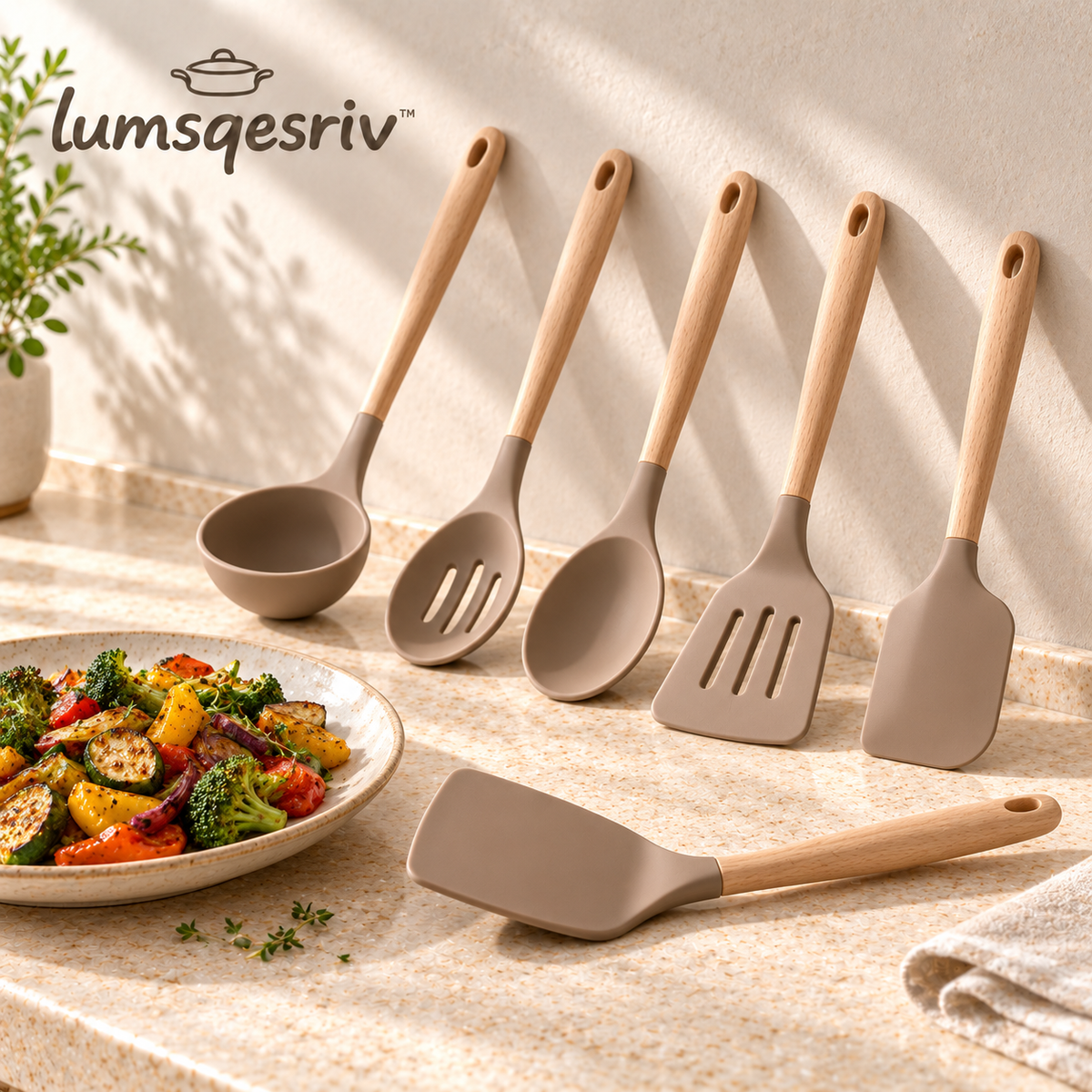 lumsqesriv™ Soft Form Silicone Kitchen Utensil Set | 6 Cooking Tools with Beechwood Handles for Stirring, Turning & Serving