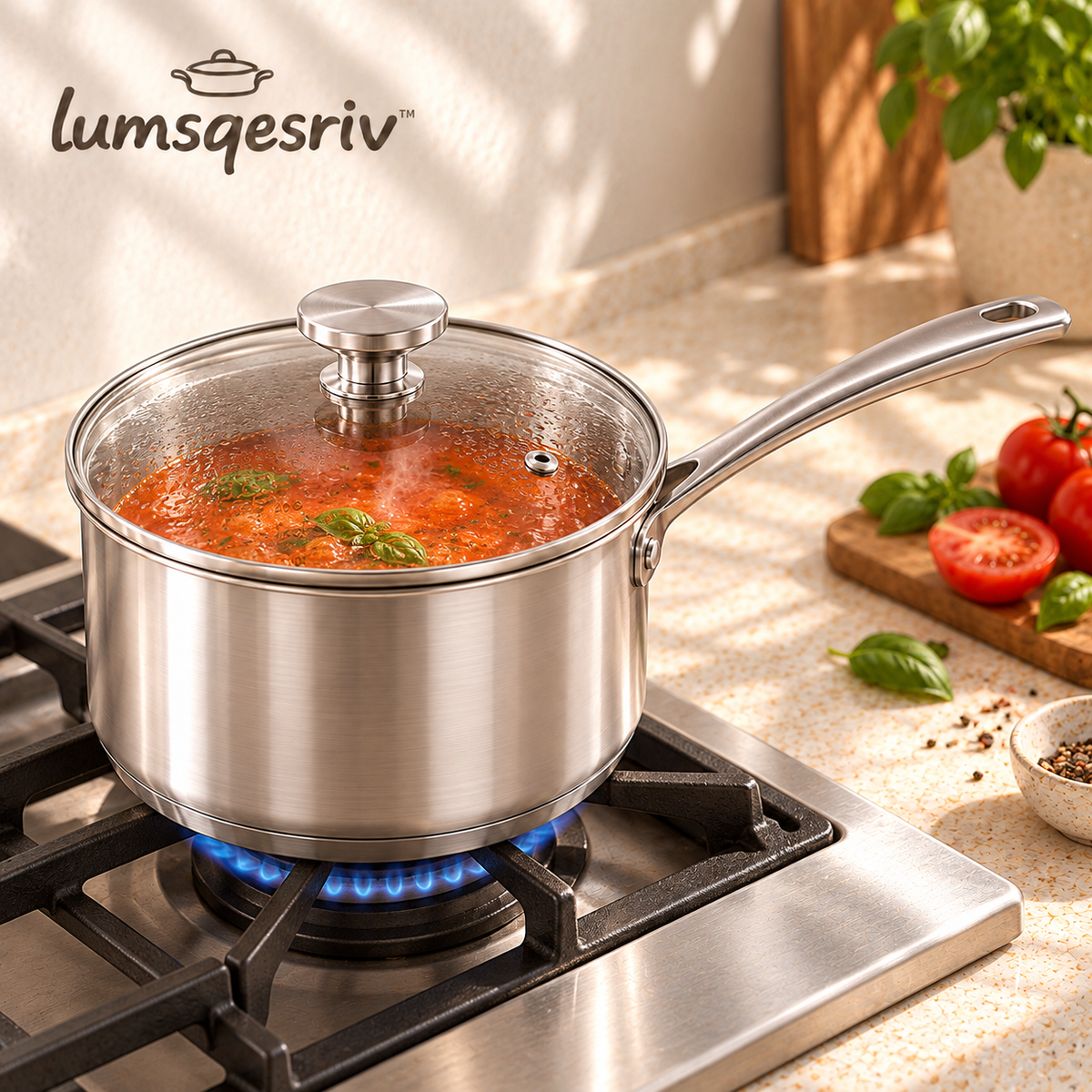 lumsqesriv™ Everyday Simmer Stainless Steel Saucepan | 2.5 qt Cooking Pot with Glass Lid & Interior Volume Marks