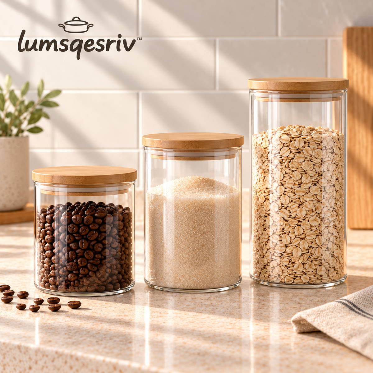 lumsqesriv™ Clear Pantry Glass Canister Set | 3 Kitchen Storage Jars with Bamboo Lids for Coffee, Sugar & Dry Goods