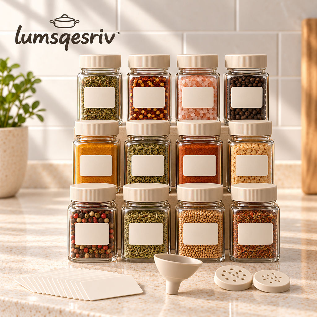 lumsqesriv™ Spice Line Glass Spice Jar Set | 12 Empty 4 fl oz Seasoning Jars with Shaker Inserts, Labels & Funnel