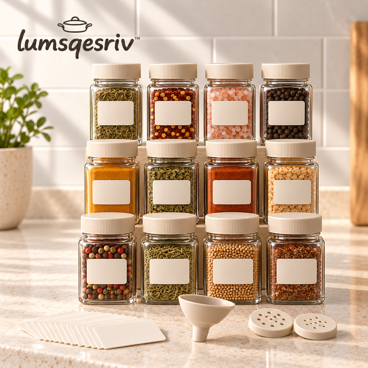 lumsqesriv™ Spice Line Glass Spice Jar Set | 12 Empty 4 fl oz Seasoning Jars with Shaker Inserts, Labels & Funnel