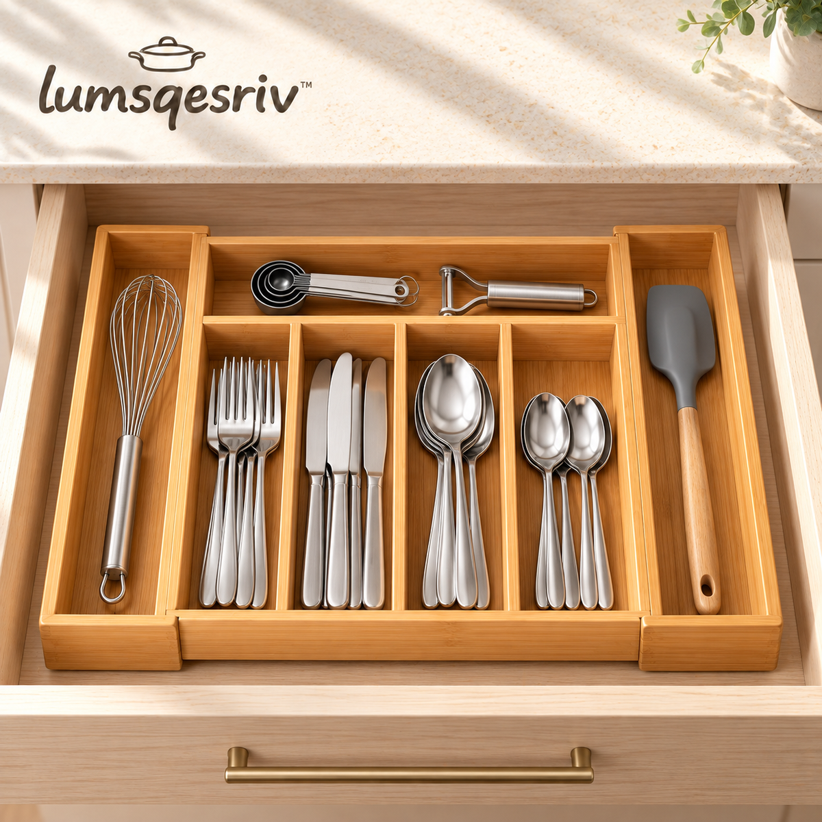 lumsqesriv™ Drawer Edit Expandable Bamboo Utensil Organizer | Adjustable 5–7 Compartment Silverware & Cutlery Tray