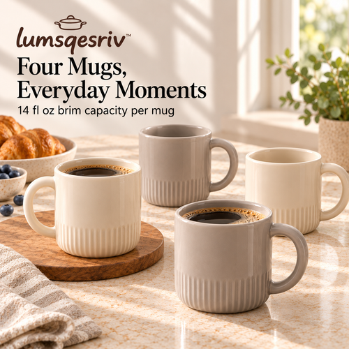 lumsqesriv™ Soft Rim Stoneware Coffee Mugs | Set of 4, 14 fl oz Ceramic Cups for Coffee, Tea & Lattes