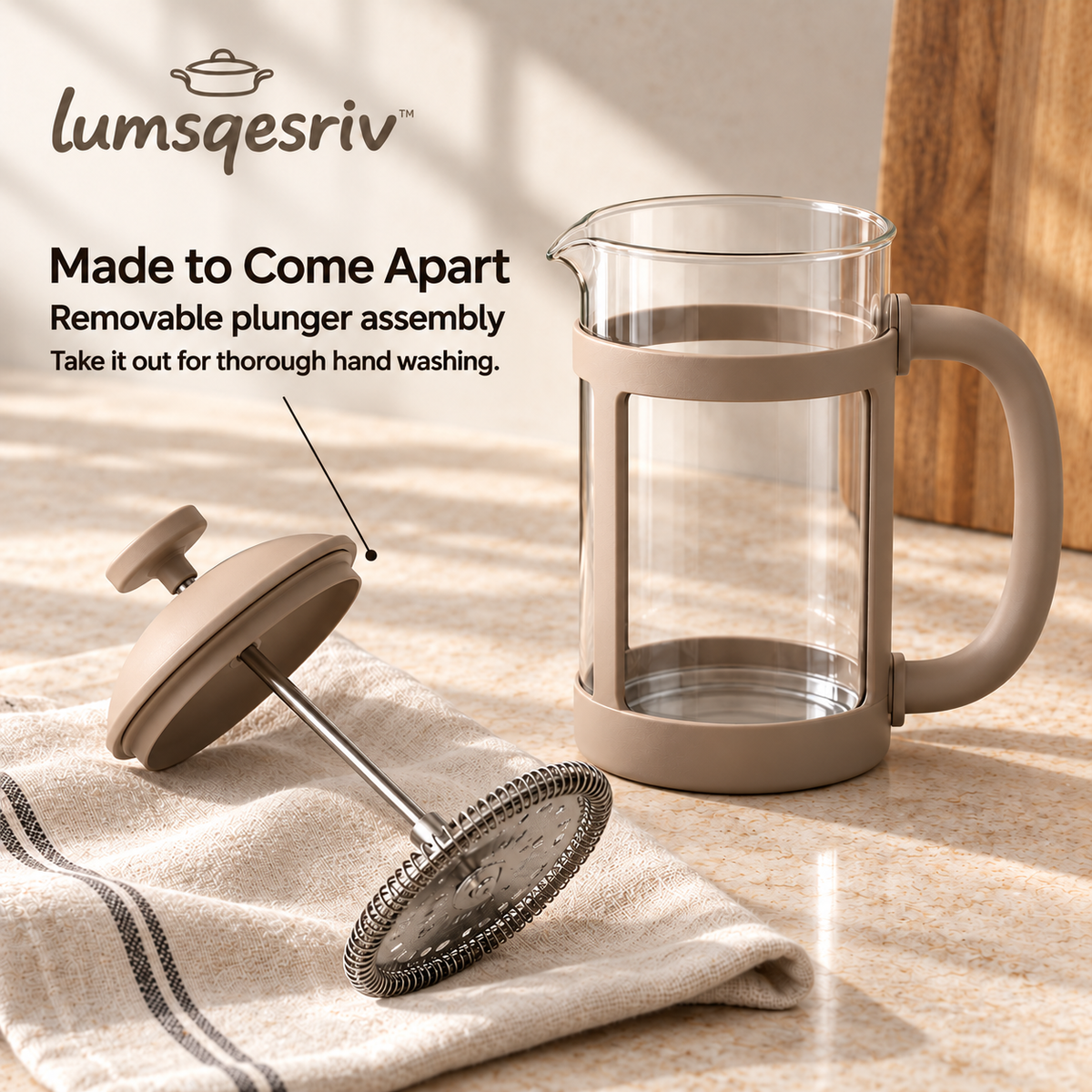 lumsqesriv™ Morning Press French Press Coffee Maker | 34 fl oz Glass Coffee Press with Stainless Steel Filter & Measuring Scoop