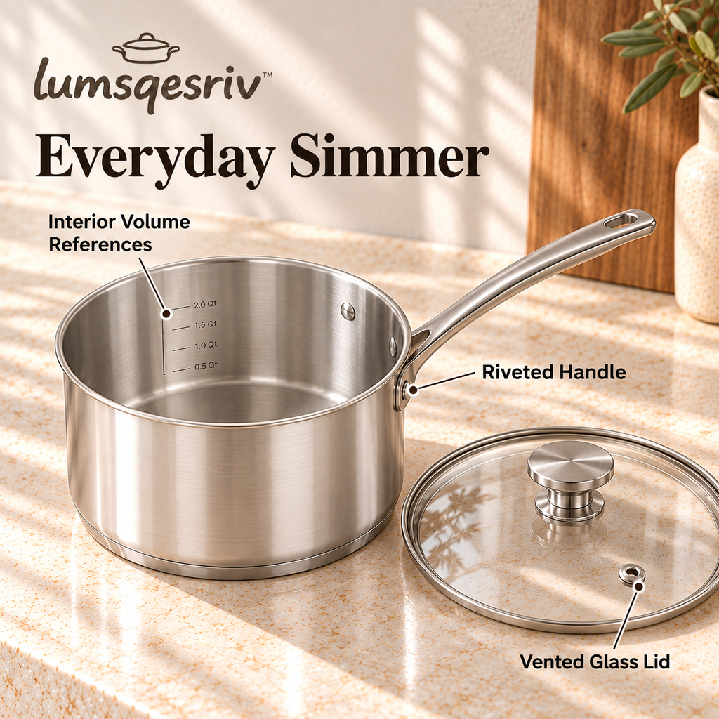 lumsqesriv™ Everyday Simmer Stainless Steel Saucepan | 2.5 qt Cooking Pot with Glass Lid & Interior Volume Marks