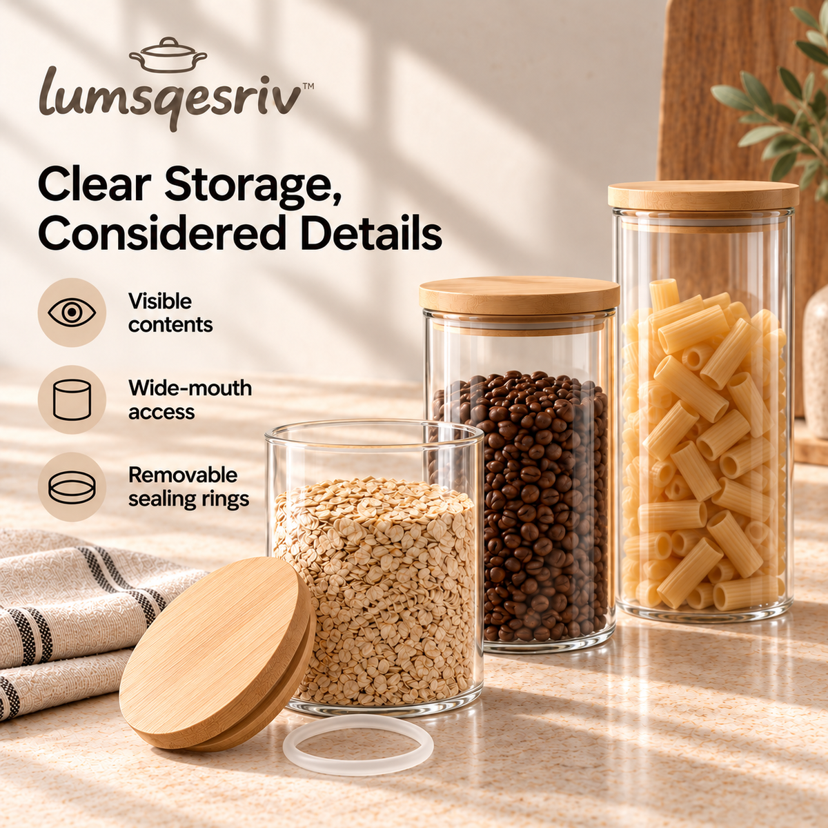 lumsqesriv™ Clear Pantry Glass Canister Set | 3 Kitchen Storage Jars with Bamboo Lids for Coffee, Sugar & Dry Goods