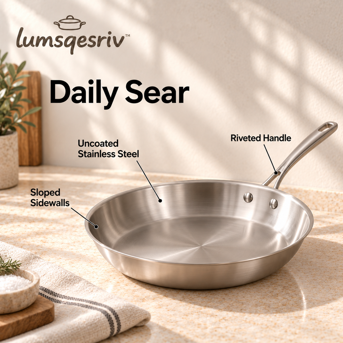 lumsqesriv™ Daily Sear Stainless Steel Frying Pan | 10-Inch Uncoated Skillet with Encapsulated Base & Riveted Handle