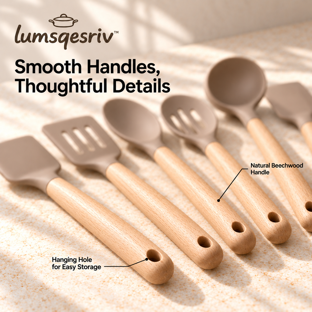 lumsqesriv™ Soft Form Silicone Kitchen Utensil Set | 6 Cooking Tools with Beechwood Handles for Stirring, Turning & Serving
