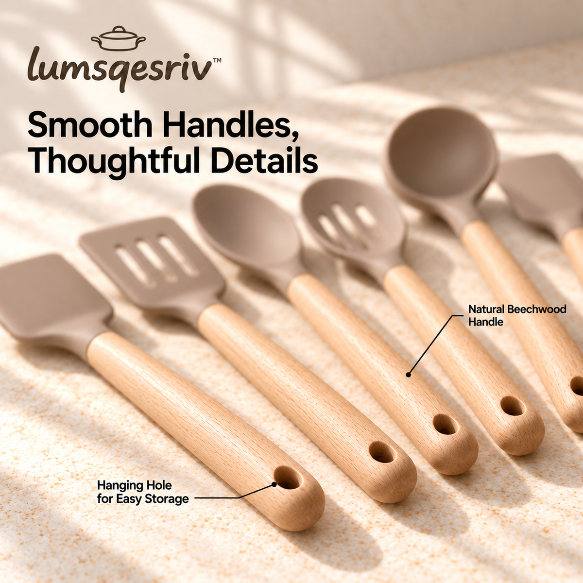 lumsqesriv™ Soft Form Silicone Kitchen Utensil Set | 6 Cooking Tools with Beechwood Handles for Stirring, Turning & Serving