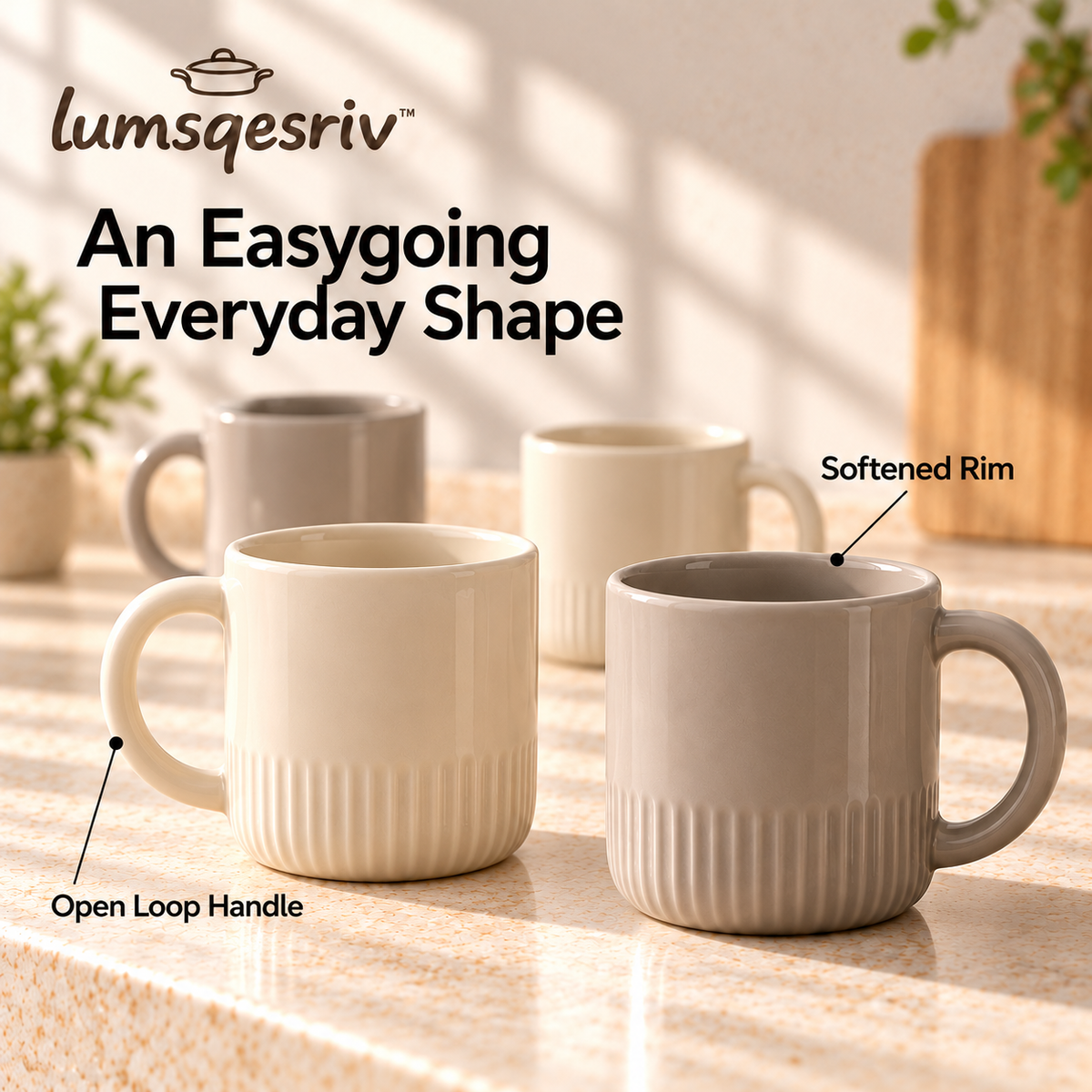 lumsqesriv™ Soft Rim Stoneware Coffee Mugs | Set of 4, 14 fl oz Ceramic Cups for Coffee, Tea & Lattes