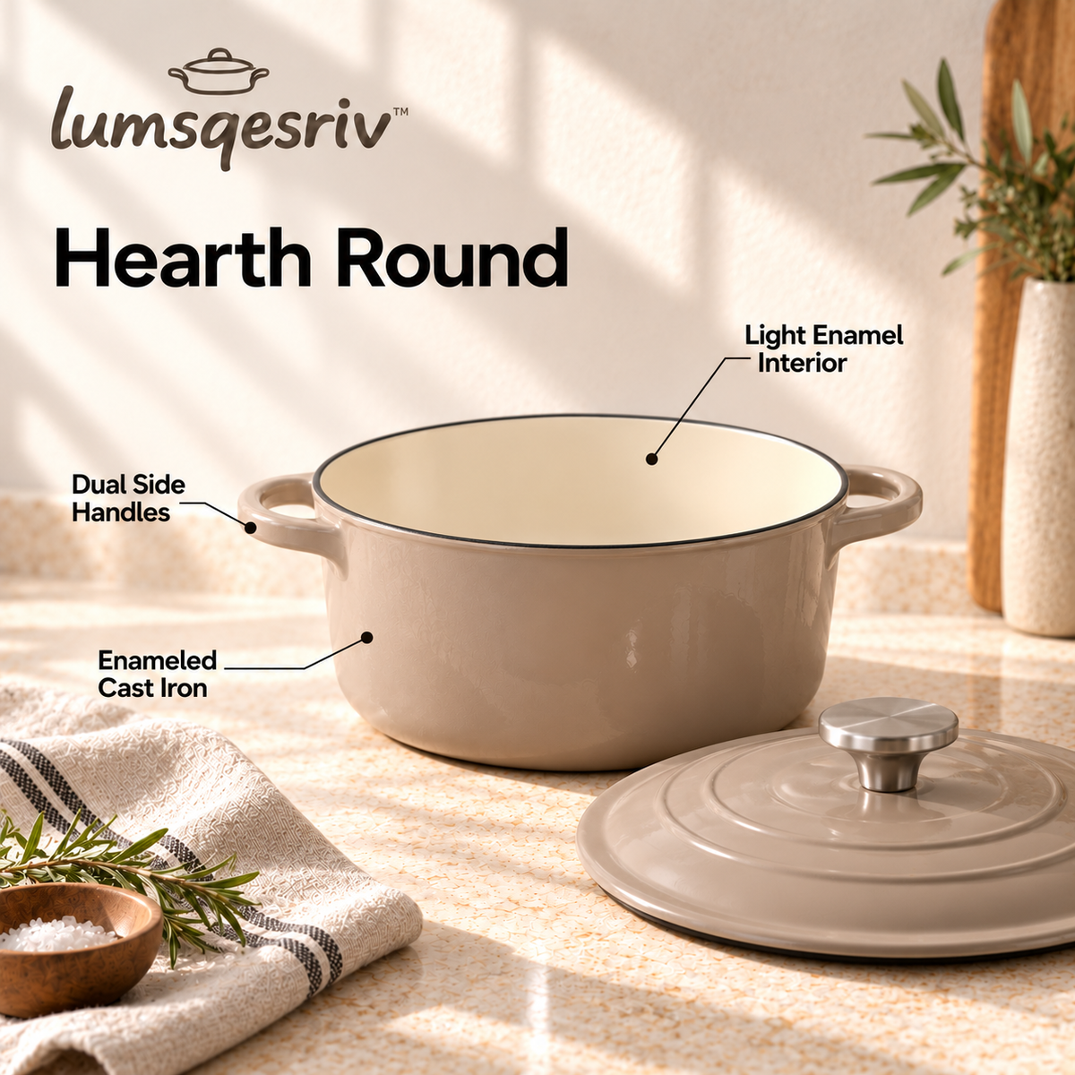 lumsqesriv™ Hearth Round Enameled Cast Iron Dutch Oven | 5 qt Covered Cooking Pot with Dual Handles