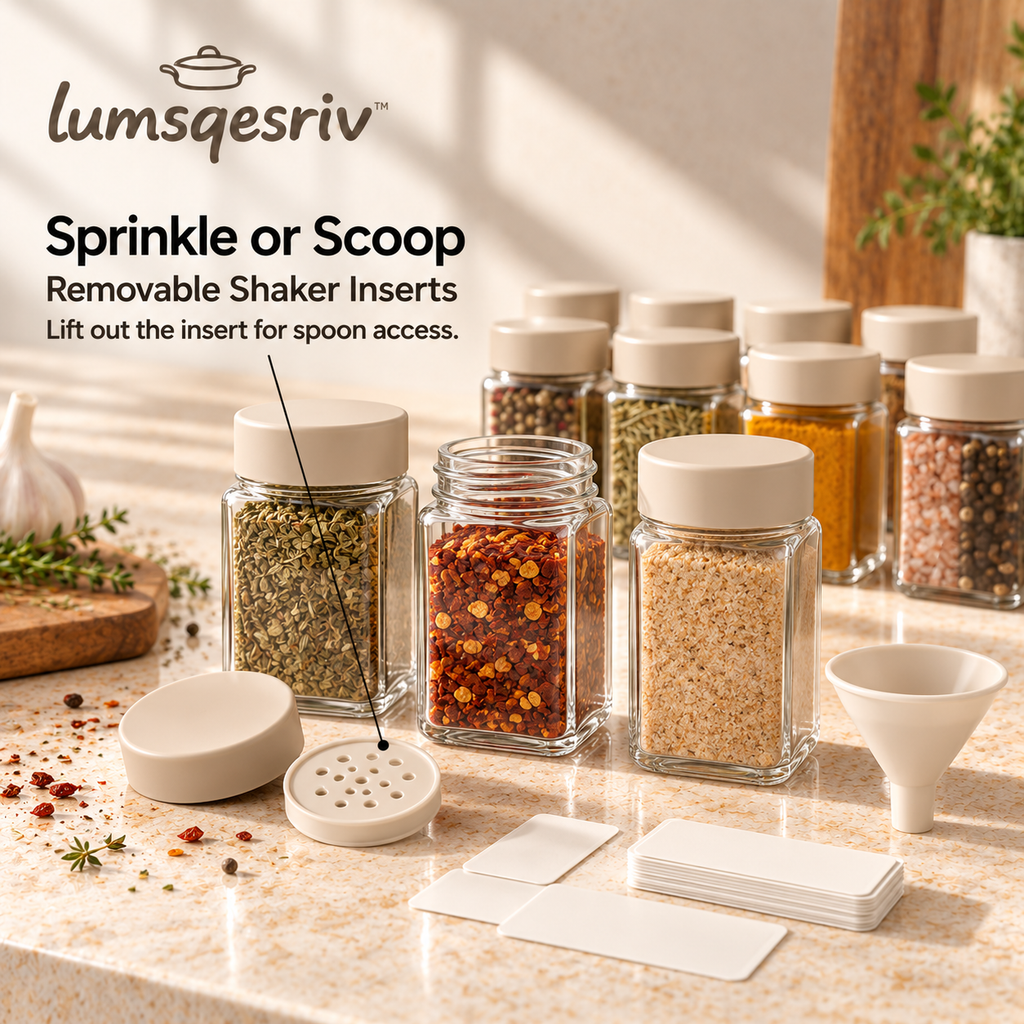 lumsqesriv™ Spice Line Glass Spice Jar Set | 12 Empty 4 fl oz Seasoning Jars with Shaker Inserts, Labels & Funnel