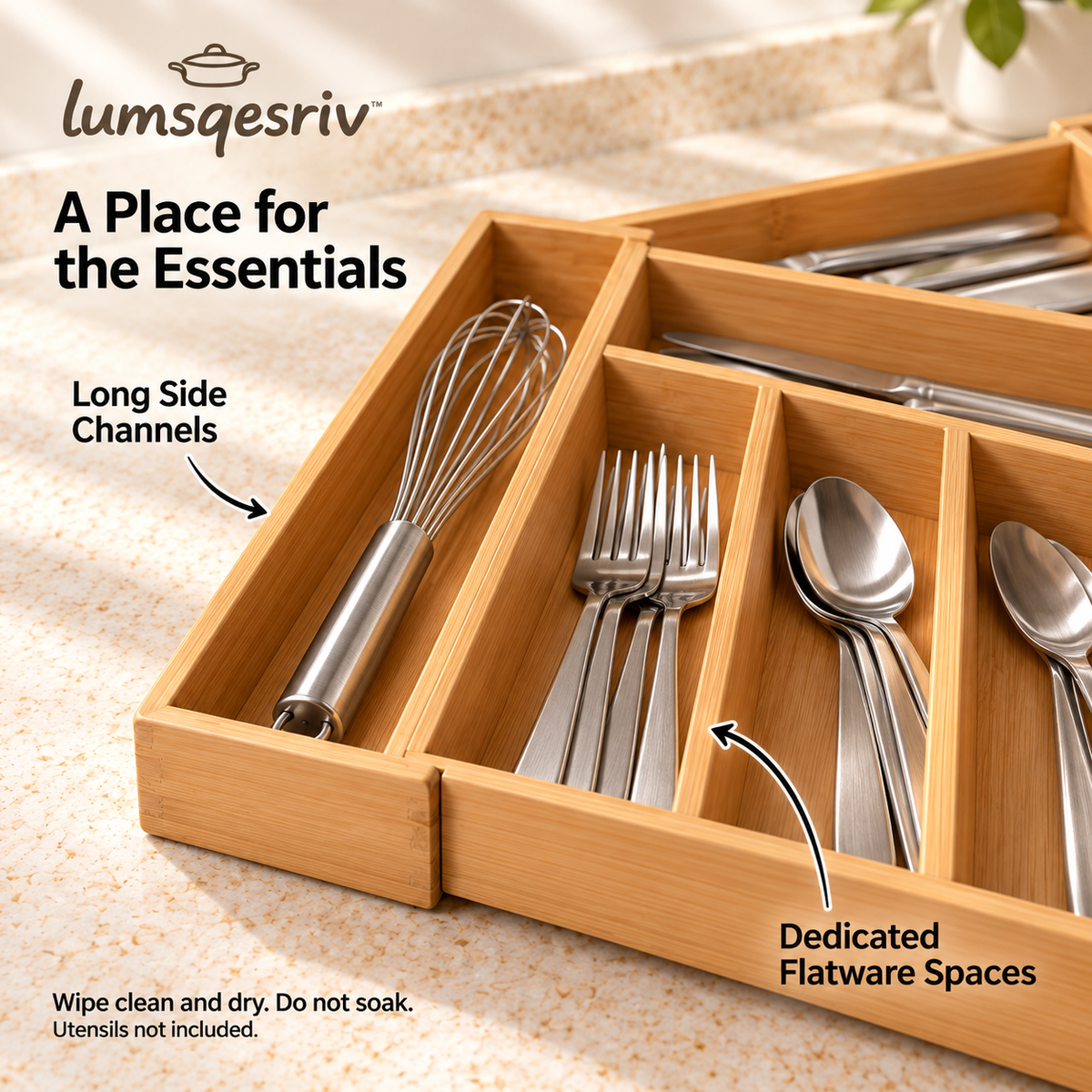 lumsqesriv™ Drawer Edit Expandable Bamboo Utensil Organizer | Adjustable 5–7 Compartment Silverware & Cutlery Tray