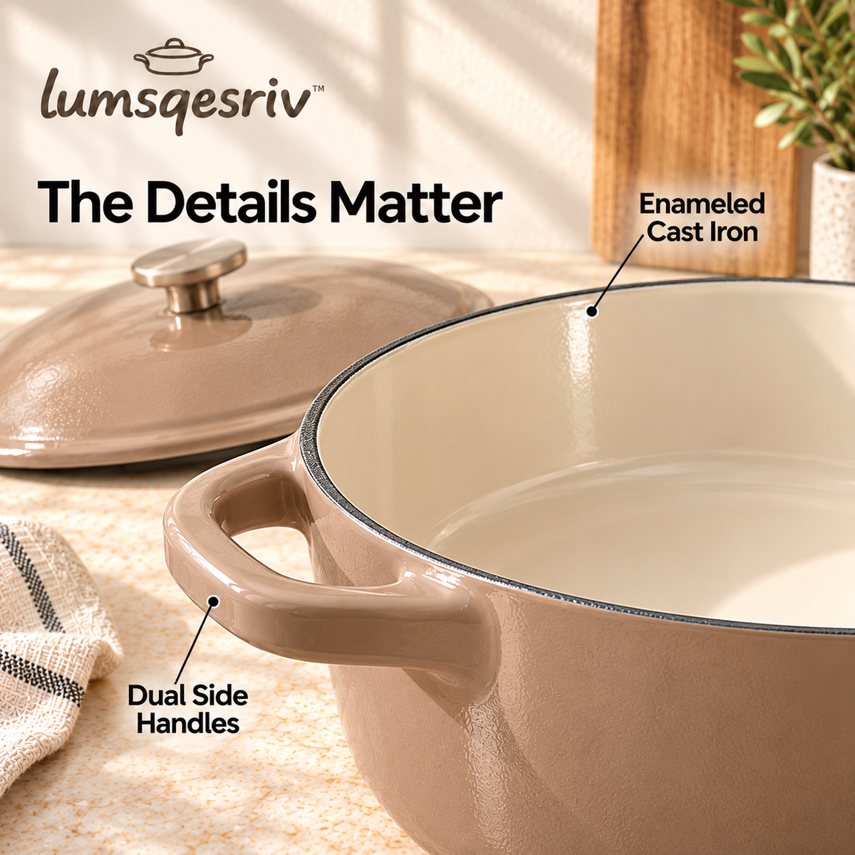 lumsqesriv™ Hearth Round Enameled Cast Iron Dutch Oven | 5 qt Covered Cooking Pot with Dual Handles