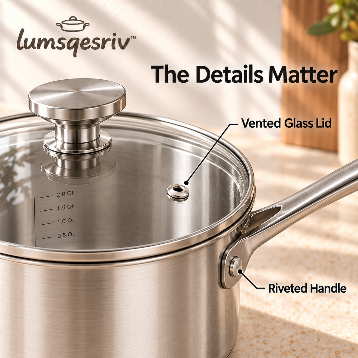 lumsqesriv™ Everyday Simmer Stainless Steel Saucepan | 2.5 qt Cooking Pot with Glass Lid & Interior Volume Marks