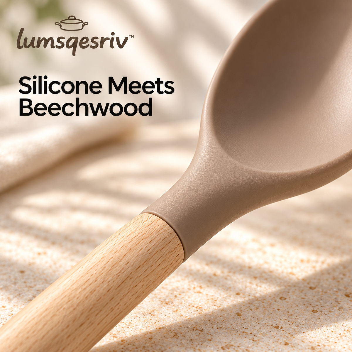 lumsqesriv™ Soft Form Silicone Kitchen Utensil Set | 6 Cooking Tools with Beechwood Handles for Stirring, Turning & Serving