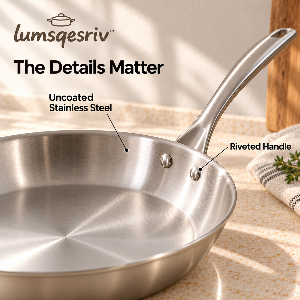 lumsqesriv™ Daily Sear Stainless Steel Frying Pan | 10-Inch Uncoated Skillet with Encapsulated Base & Riveted Handle