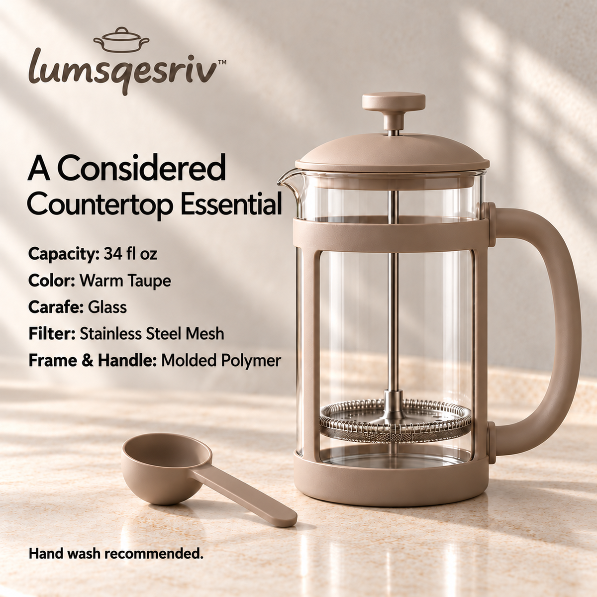 lumsqesriv™ Morning Press French Press Coffee Maker | 34 fl oz Glass Coffee Press with Stainless Steel Filter & Measuring Scoop