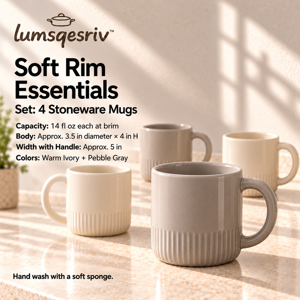 lumsqesriv™ Soft Rim Stoneware Coffee Mugs | Set of 4, 14 fl oz Ceramic Cups for Coffee, Tea & Lattes