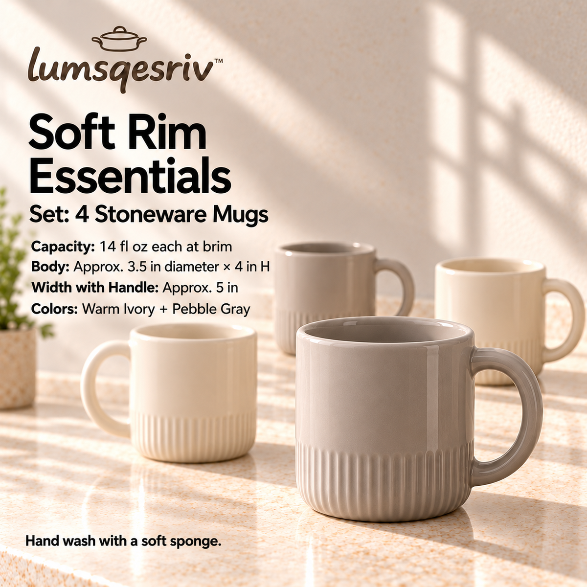 lumsqesriv™ Soft Rim Stoneware Coffee Mugs | Set of 4, 14 fl oz Ceramic Cups for Coffee, Tea & Lattes