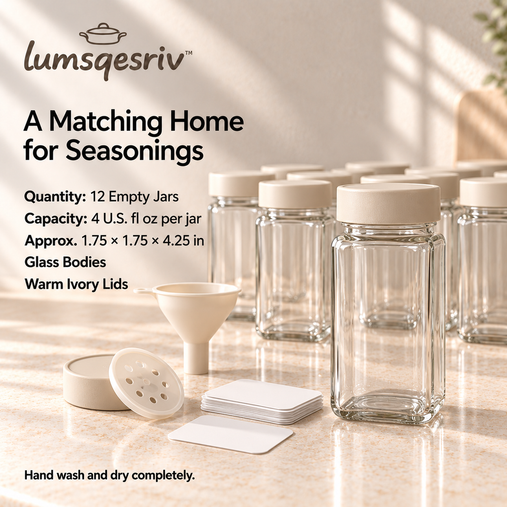 lumsqesriv™ Spice Line Glass Spice Jar Set | 12 Empty 4 fl oz Seasoning Jars with Shaker Inserts, Labels & Funnel