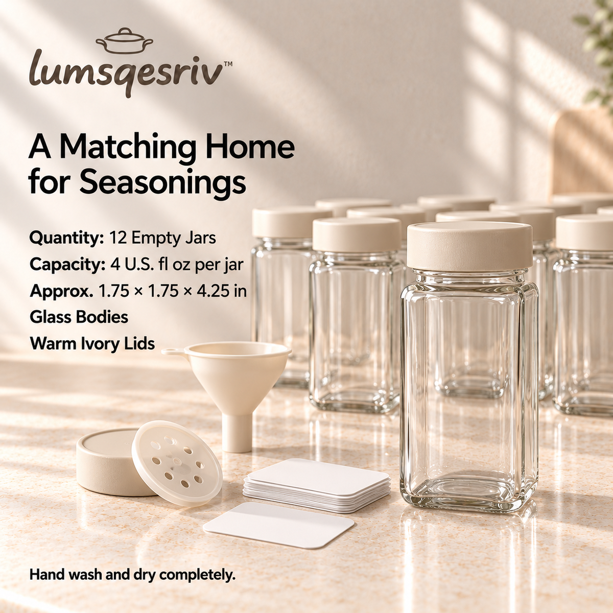 lumsqesriv™ Spice Line Glass Spice Jar Set | 12 Empty 4 fl oz Seasoning Jars with Shaker Inserts, Labels & Funnel