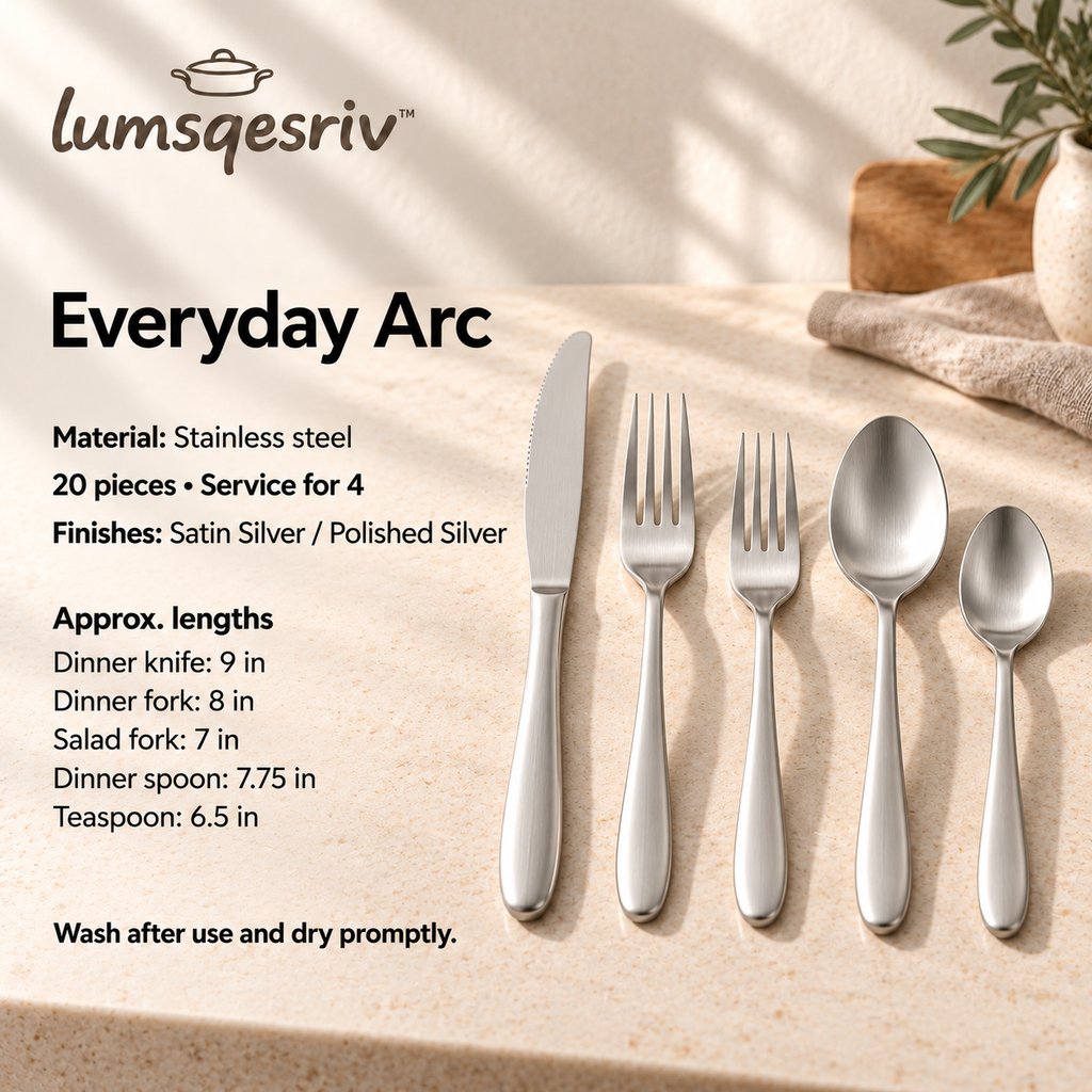 lumsqesriv™ Everyday Arc Flatware Set | 20-Piece Stainless Steel Silverware, Service for 4