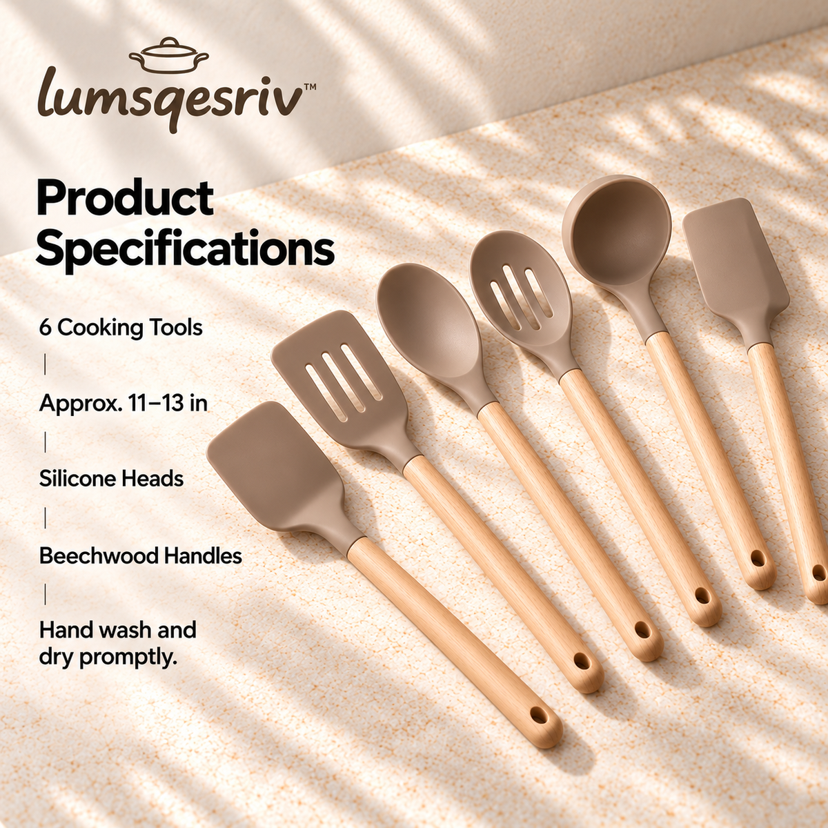lumsqesriv™ Soft Form Silicone Kitchen Utensil Set | 6 Cooking Tools with Beechwood Handles for Stirring, Turning & Serving
