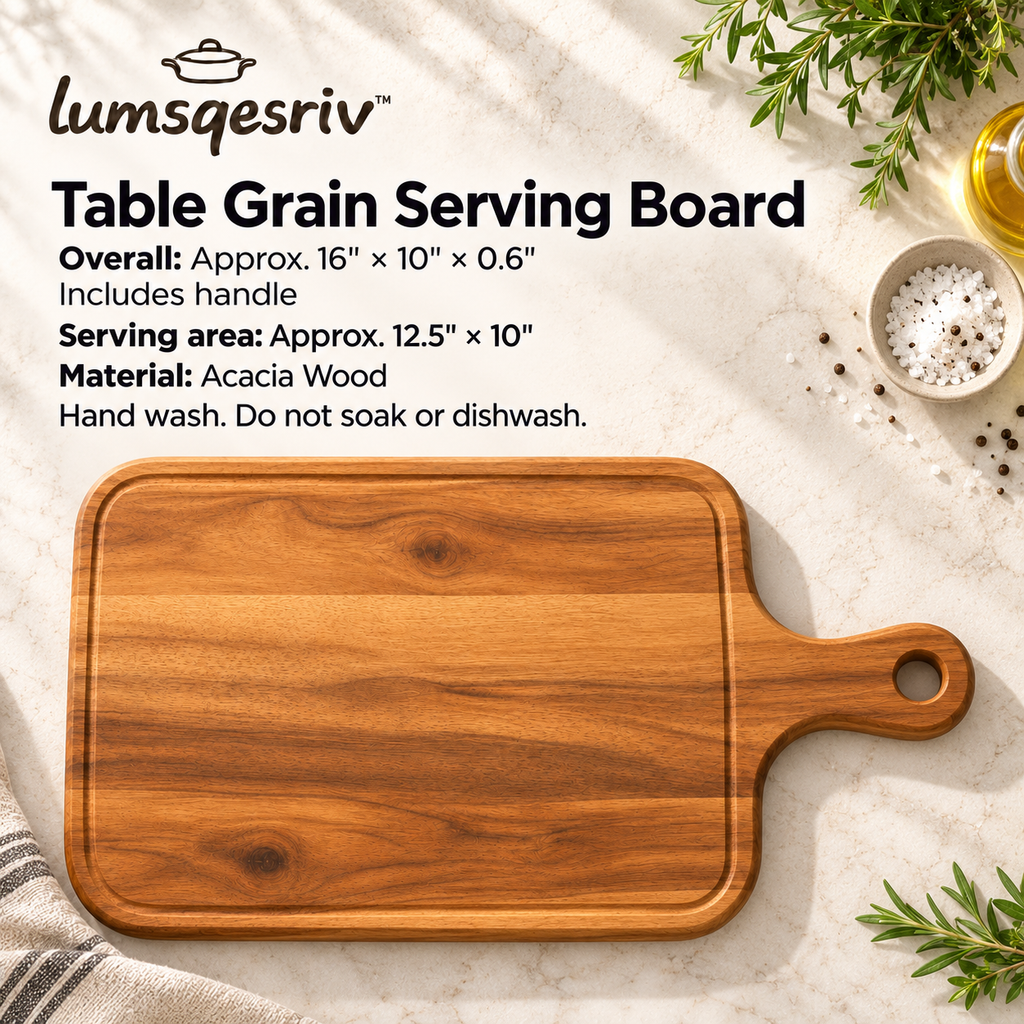 lumsqesriv™ Table Grain Acacia Serving Board | 16-Inch Wooden Charcuterie & Cheese Board with Handle
