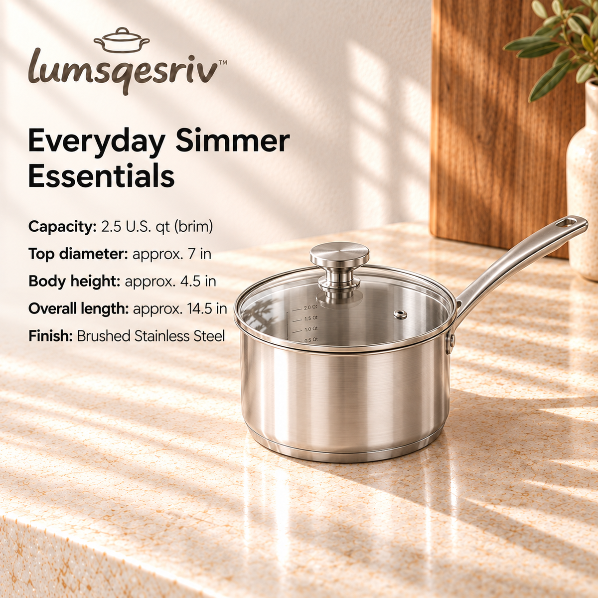 lumsqesriv™ Everyday Simmer Stainless Steel Saucepan | 2.5 qt Cooking Pot with Glass Lid & Interior Volume Marks