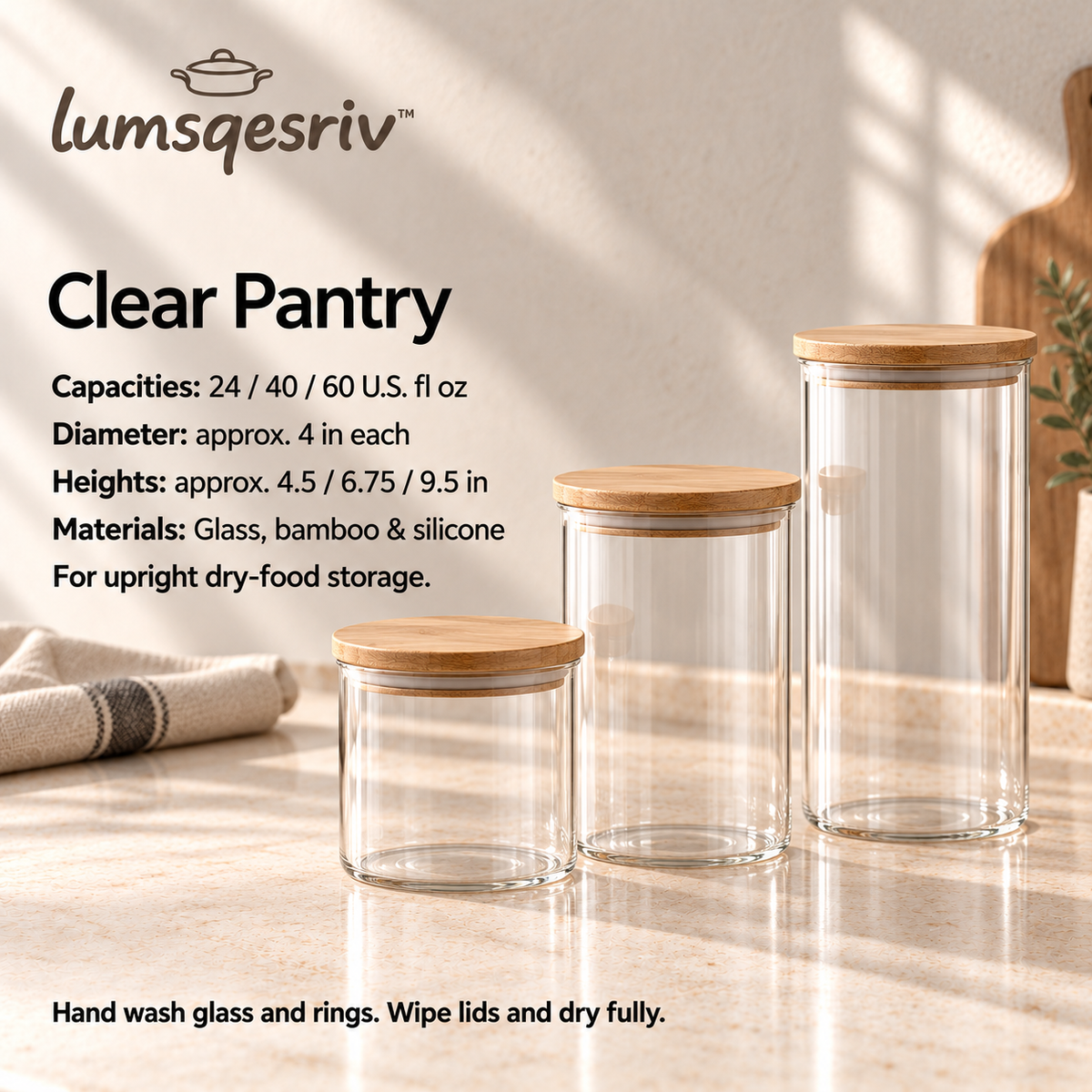 lumsqesriv™ Clear Pantry Glass Canister Set | 3 Kitchen Storage Jars with Bamboo Lids for Coffee, Sugar & Dry Goods