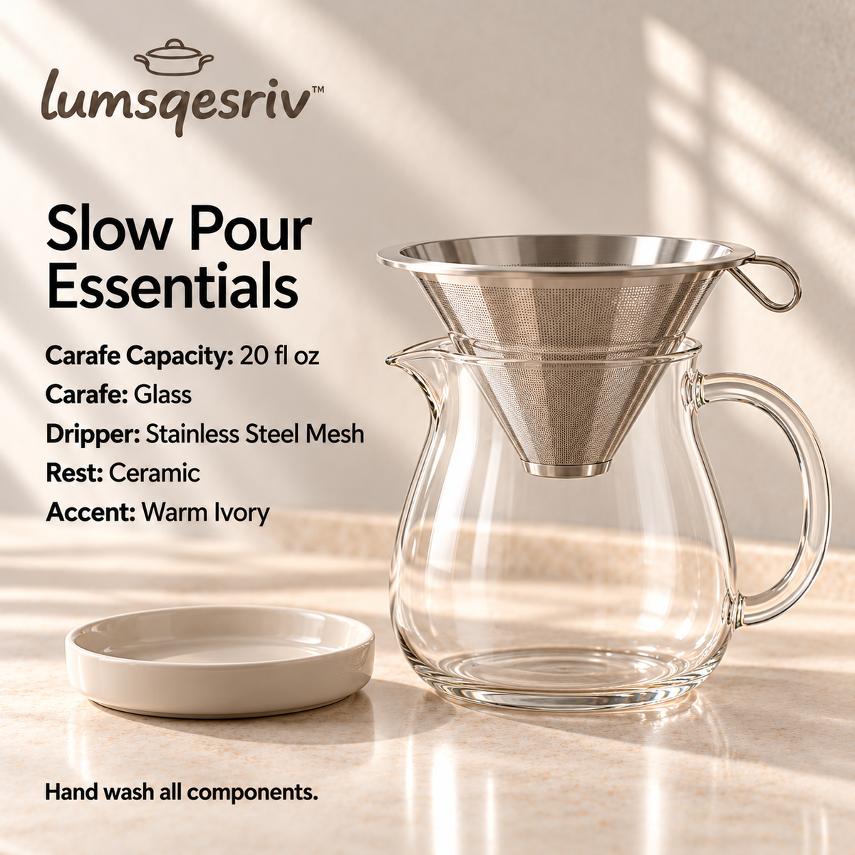 lumsqesriv™ Slow Pour Coffee Maker Set | 20 fl oz Glass Carafe, Reusable Stainless Steel Dripper & Ceramic Rest