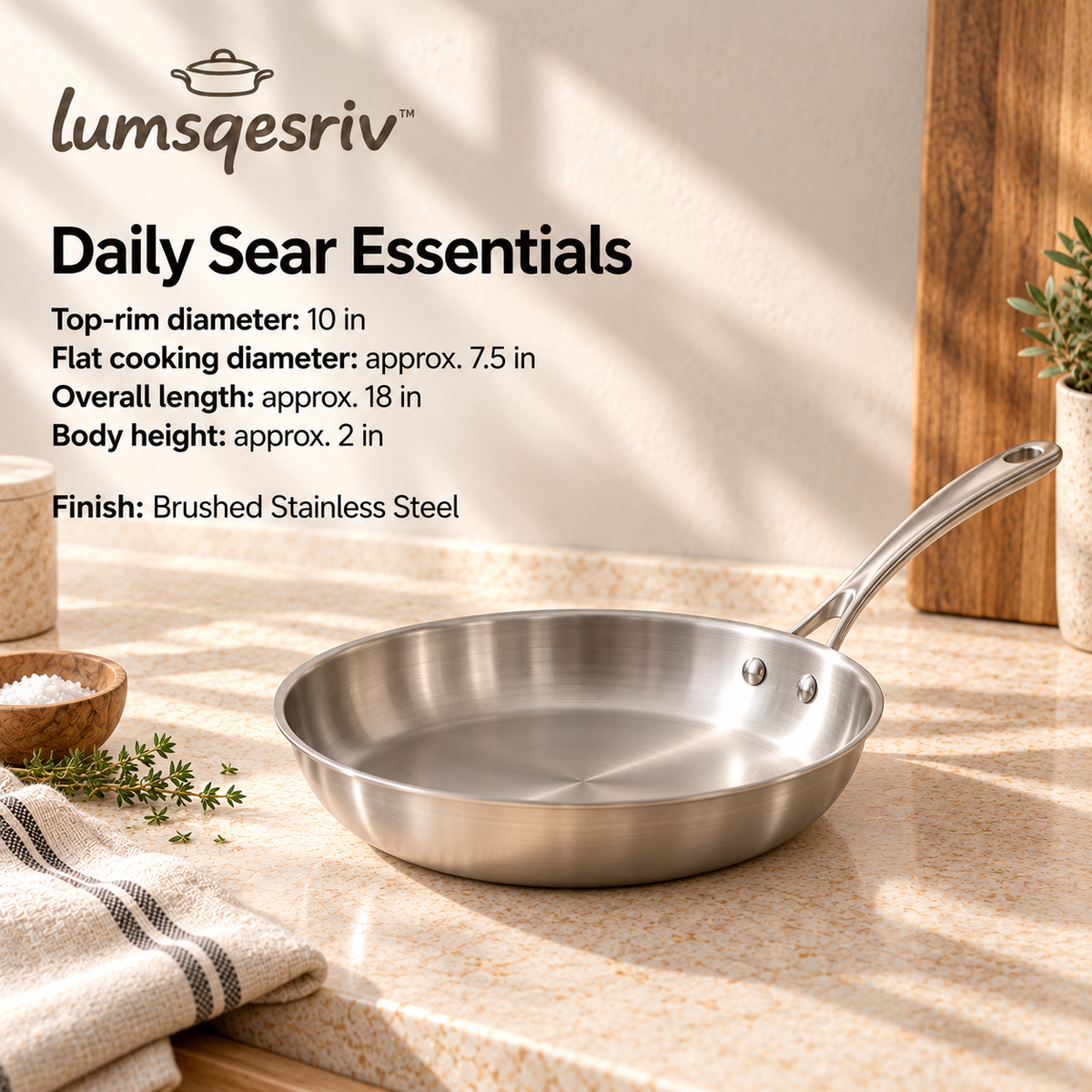 lumsqesriv™ Daily Sear Stainless Steel Frying Pan | 10-Inch Uncoated Skillet with Encapsulated Base & Riveted Handle