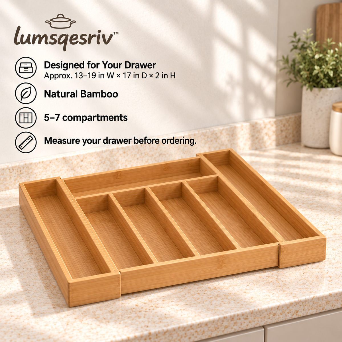 lumsqesriv™ Drawer Edit Expandable Bamboo Utensil Organizer | Adjustable 5–7 Compartment Silverware & Cutlery Tray