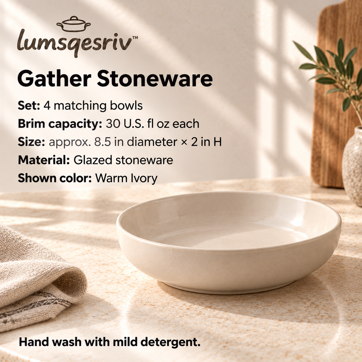 lumsqesriv™ Gather Stoneware Pasta Bowls | Set of 4, 30 fl oz Wide Shallow Bowls for Pasta, Salads & Grain Bowls