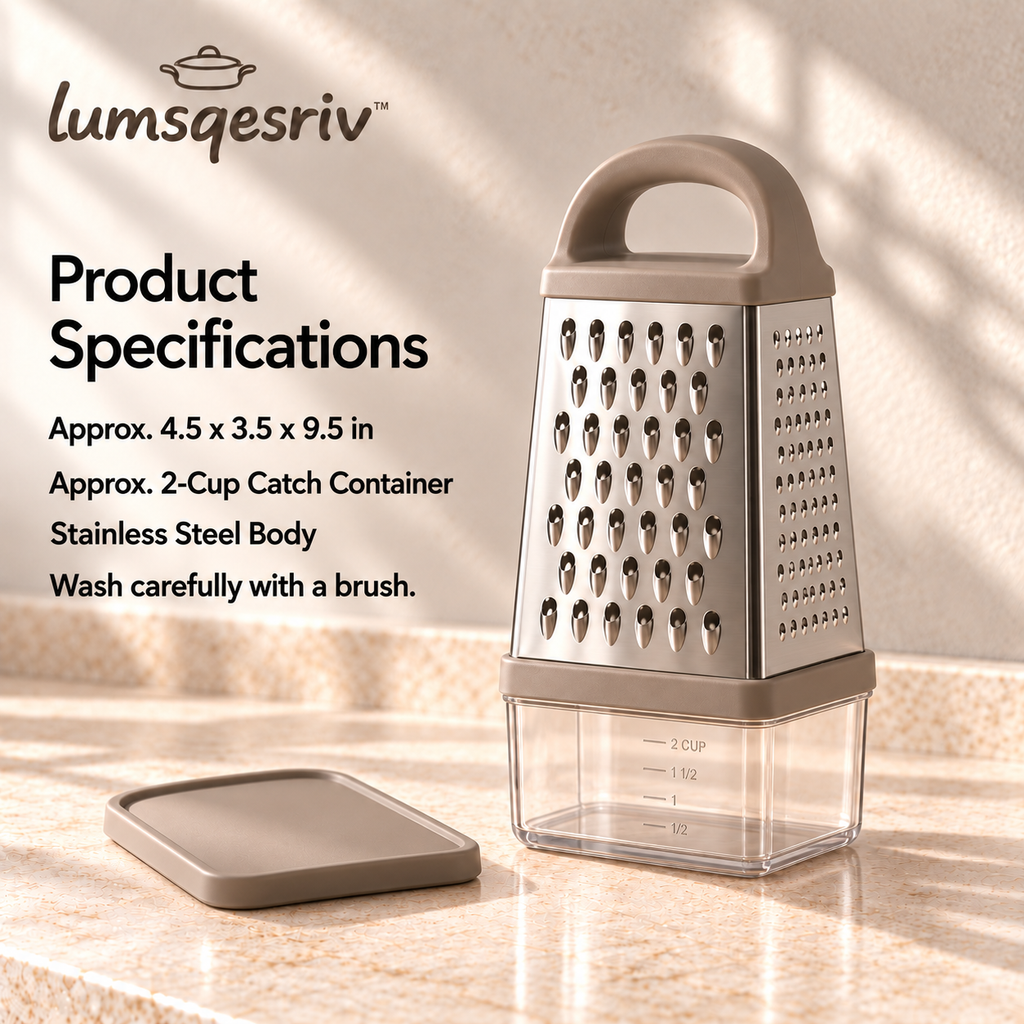 lumsqesriv™ Prep Grid 4-Sided Stainless Steel Box Grater | Cheese & Vegetable Grater with Removable Catch Container