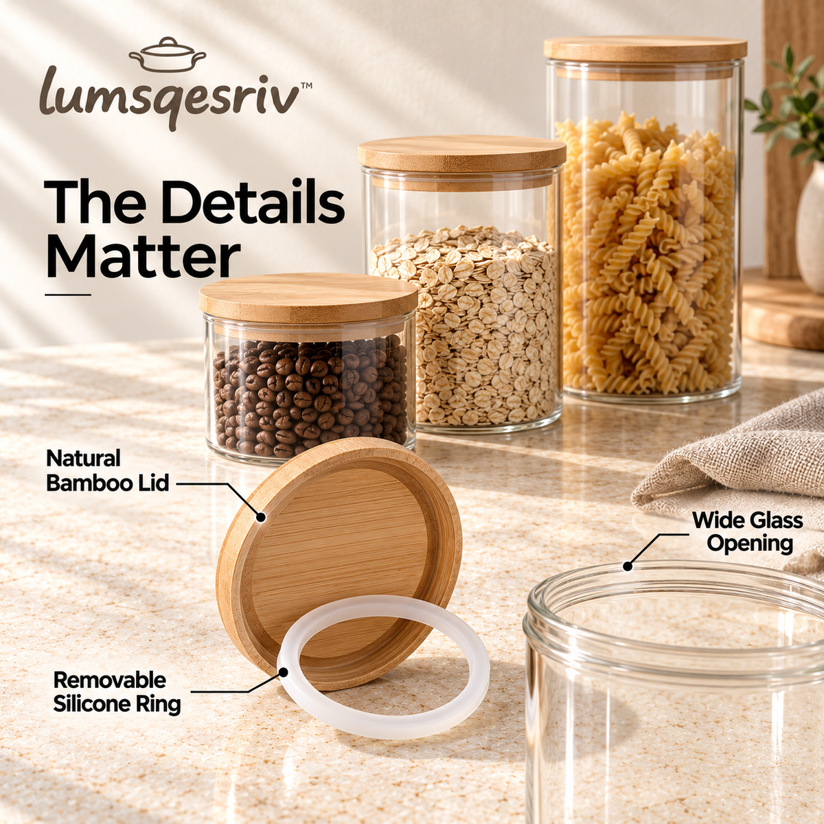lumsqesriv™ Clear Pantry Glass Canister Set | 3 Kitchen Storage Jars with Bamboo Lids for Coffee, Sugar & Dry Goods