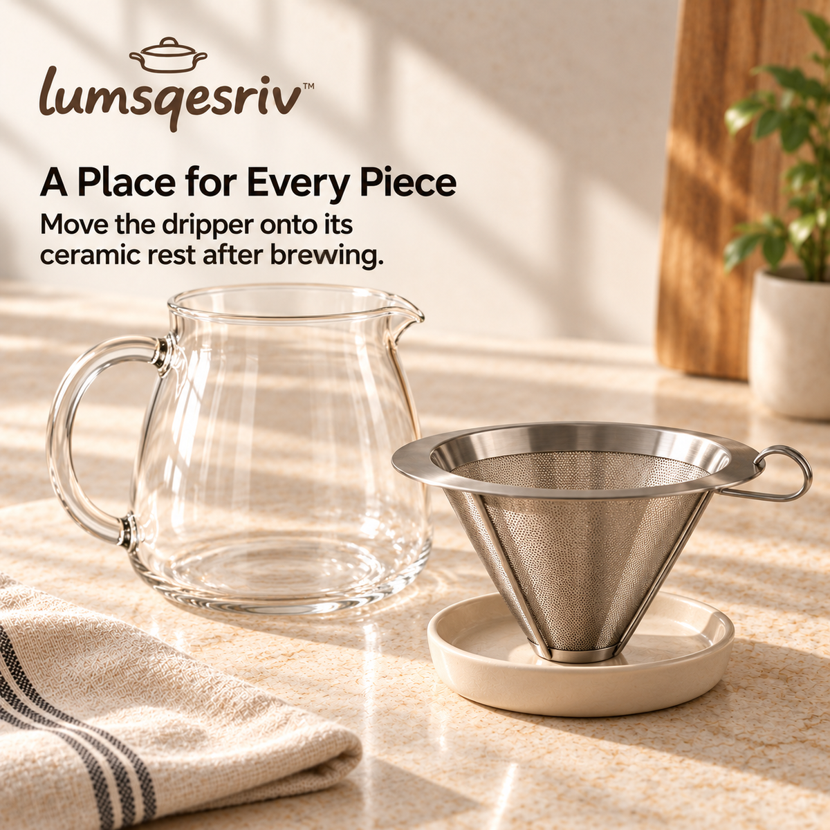lumsqesriv™ Slow Pour Coffee Maker Set | 20 fl oz Glass Carafe, Reusable Stainless Steel Dripper & Ceramic Rest